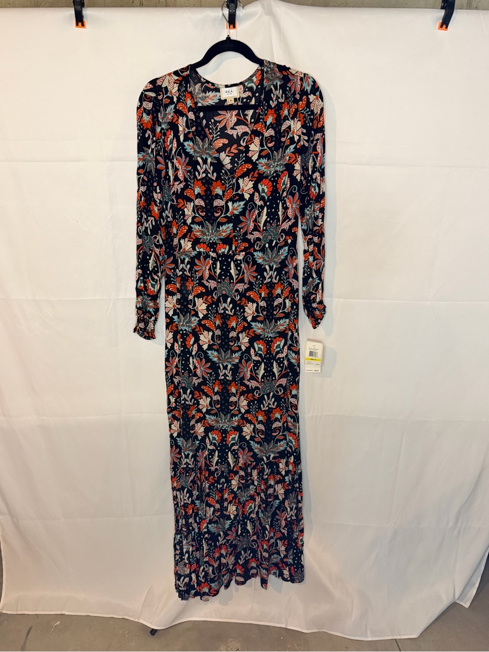 ECI Navy Floral Maxi Wrap Dress with Coral and Teal Accents